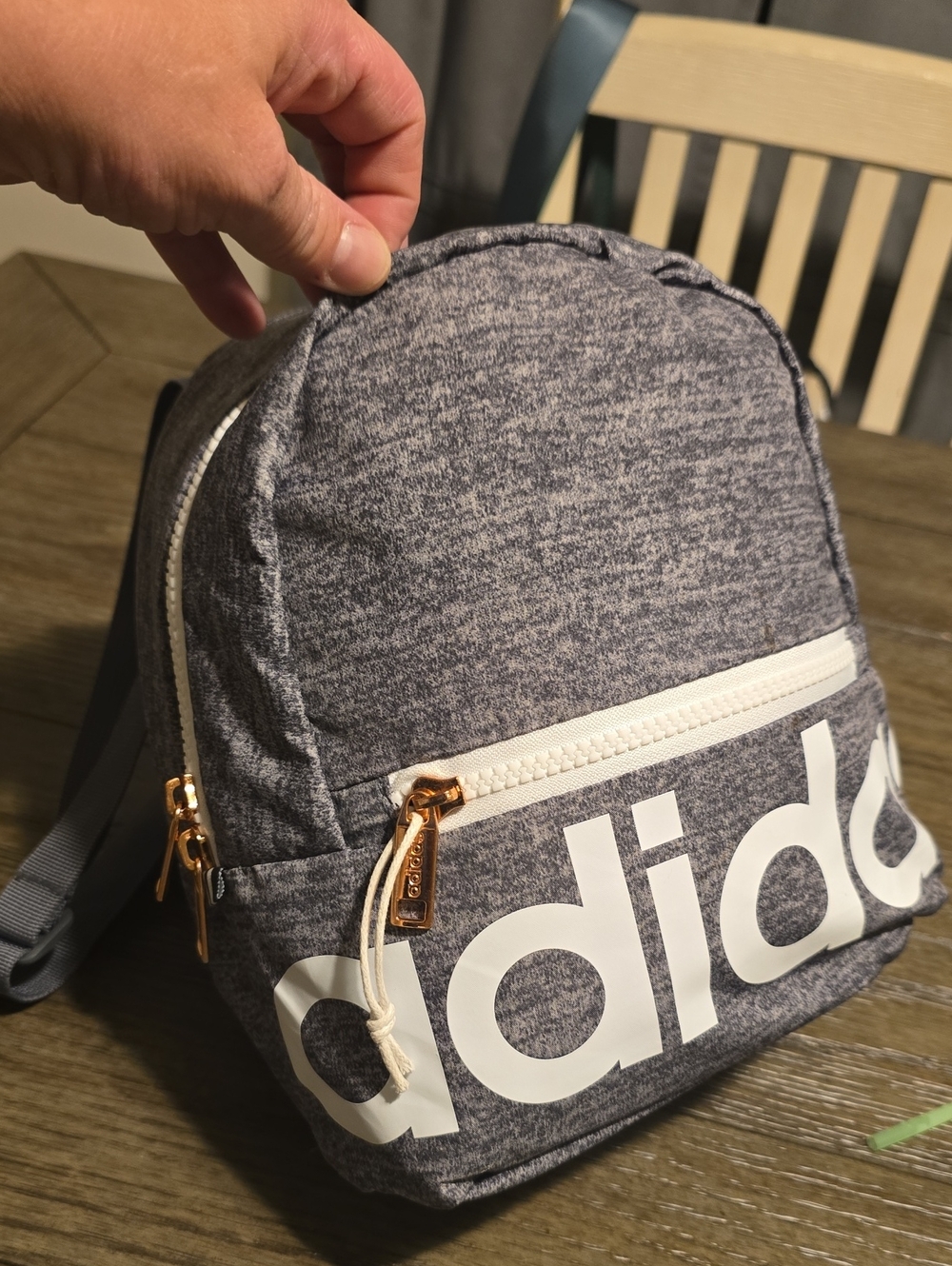 adidas Heather Gray Mini Backpack with White Logo and Gold Zippers